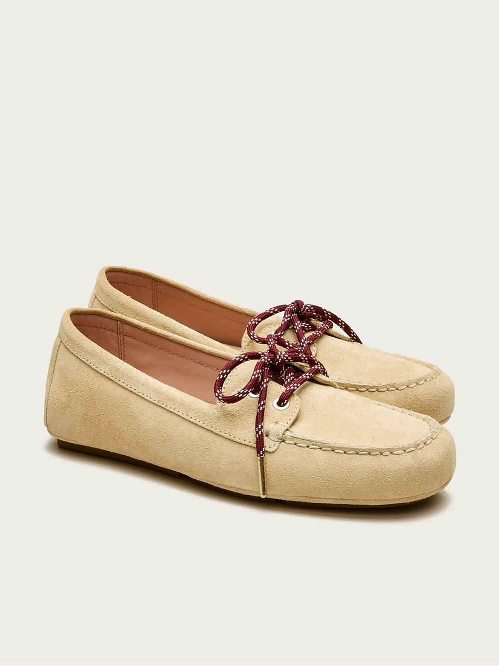 J. Crew Beige Suede Moccasins with Wine Lace Accents